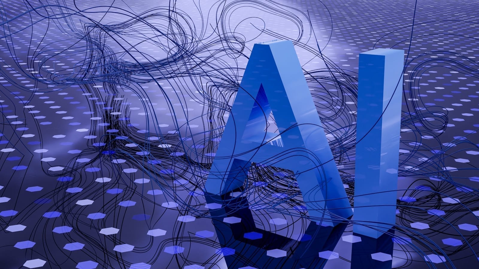 Abstract 3D shapes suggesting digital networks and AI-generated visuals