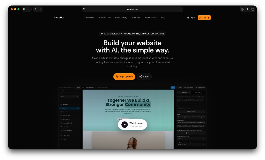 SlateHut AI website builder marketing homepage with product preview