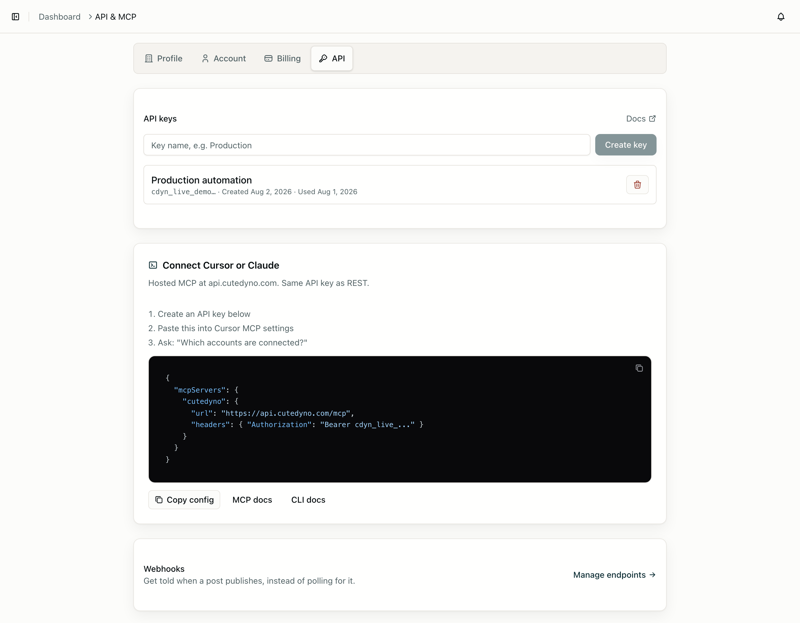 The API & MCP tab, where you create a key and copy the hosted MCP config for Cursor or Claude.