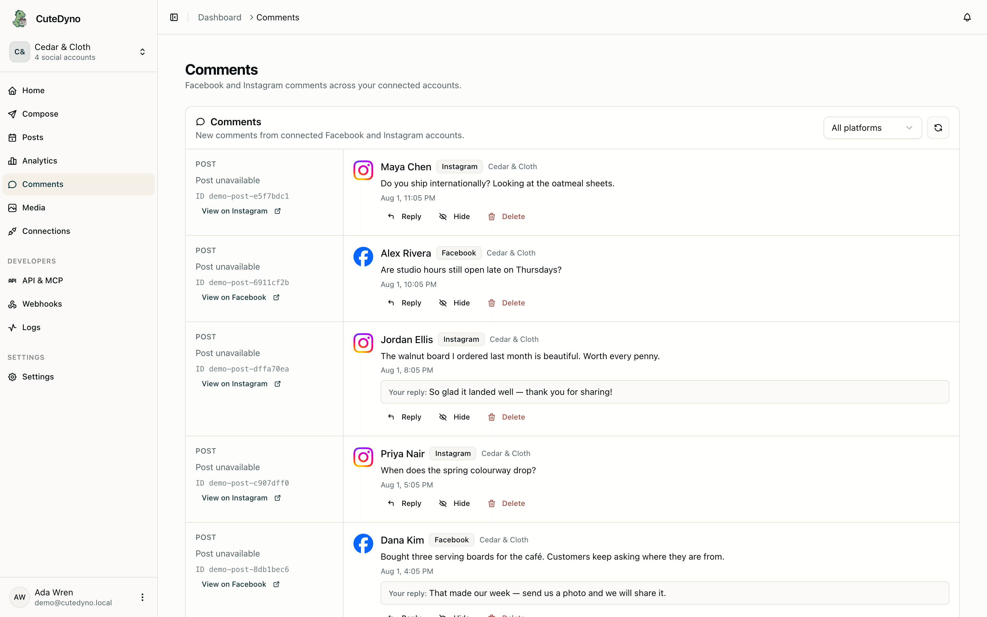 Facebook and Instagram comments in one inbox, with reply, hide, and delete actions per thread.