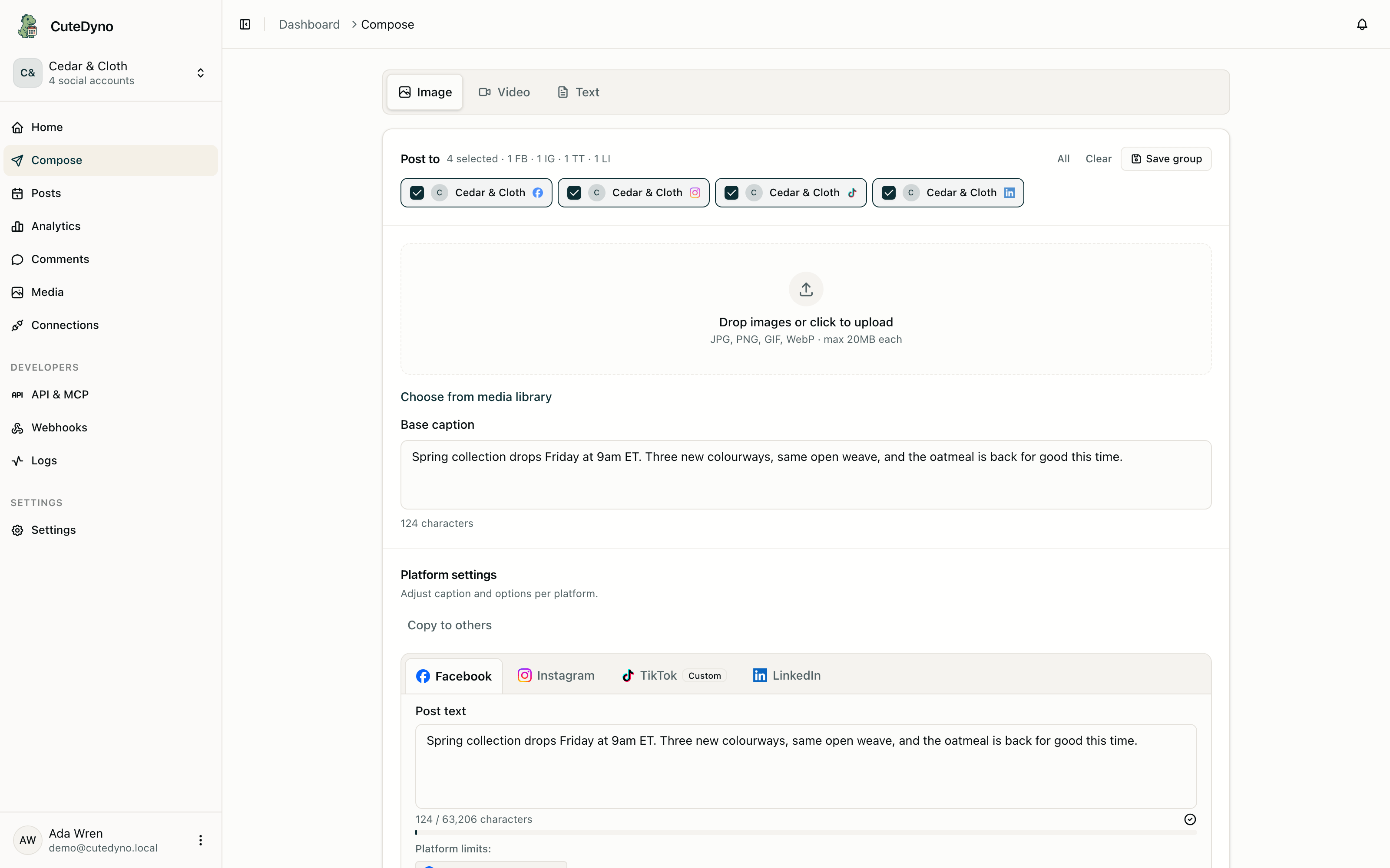 The composer with four accounts selected. The Platform settings tabs below the base caption let each network carry its own text and options.