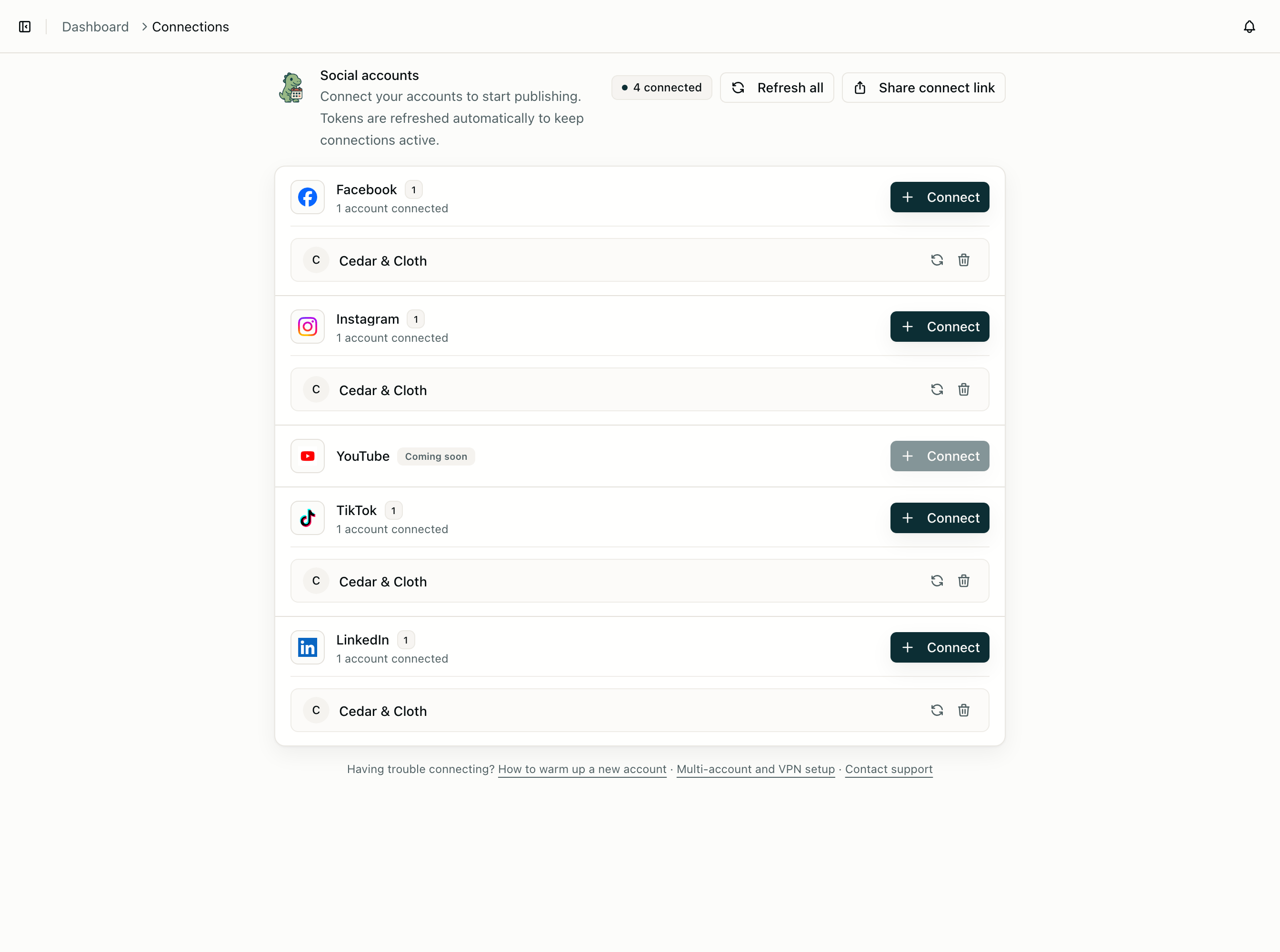 The Connections page, grouped by platform, with each connected account listed underneath and YouTube marked as coming soon.