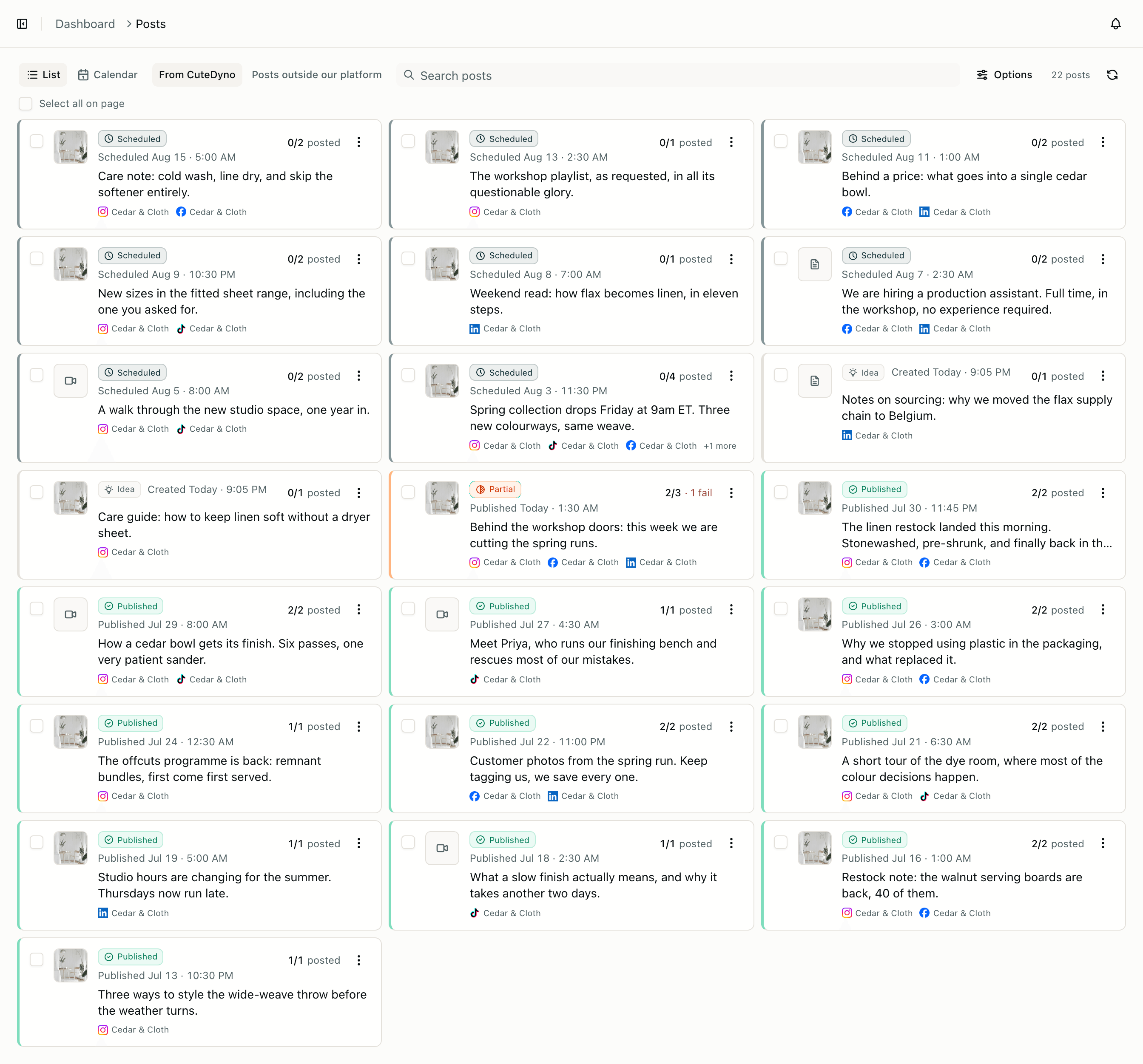 The Posts list, where each post shows its own state: scheduled, idea, published with a per-account count, or partially published when one account failed.