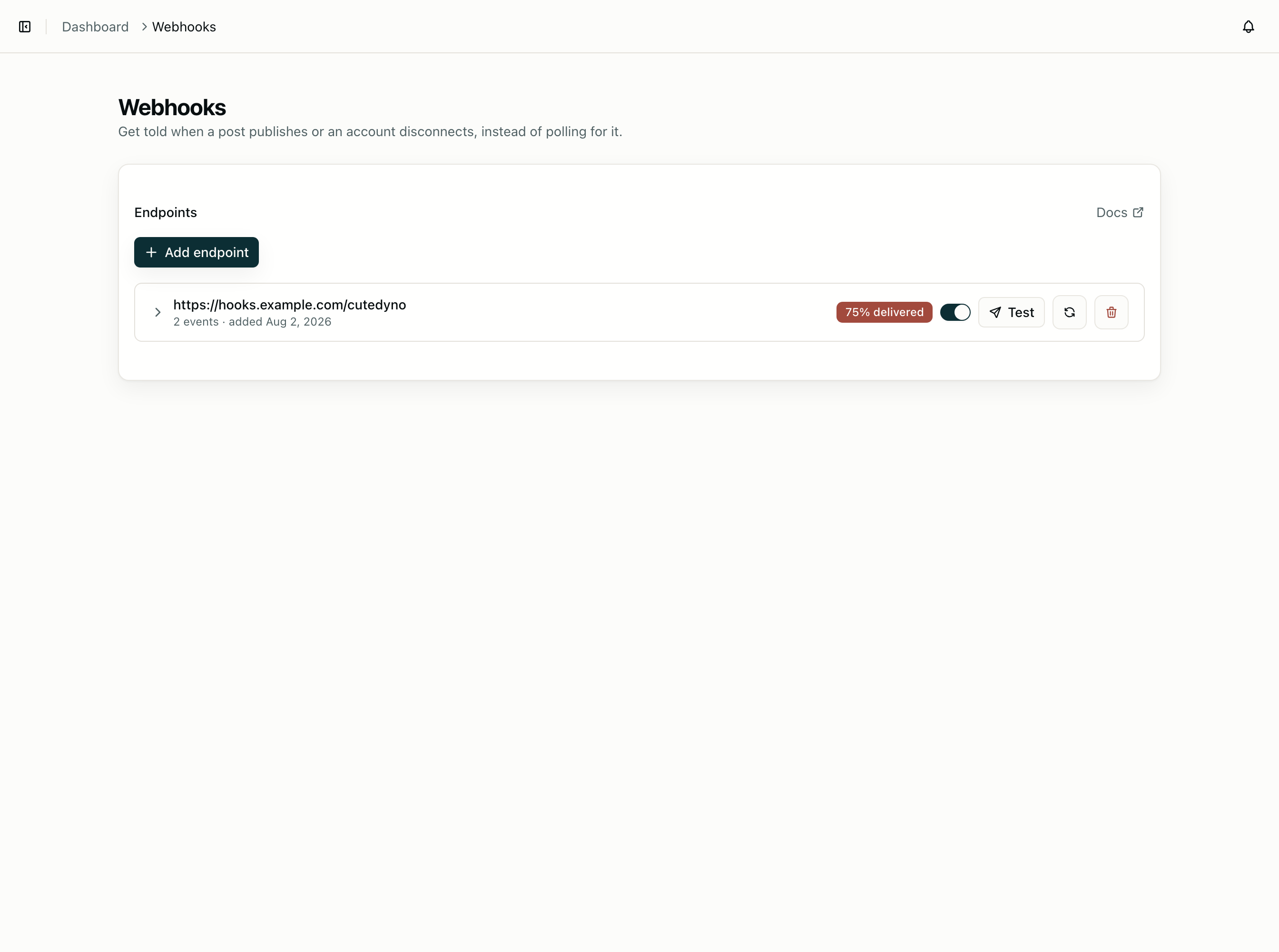 Webhook endpoints in the dashboard, with delivery health and controls to test, refresh, or remove an endpoint.